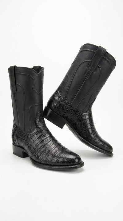 Men’s Black Caiman Belly Roper Boots, Exotic Western Cowboy Dress Boots