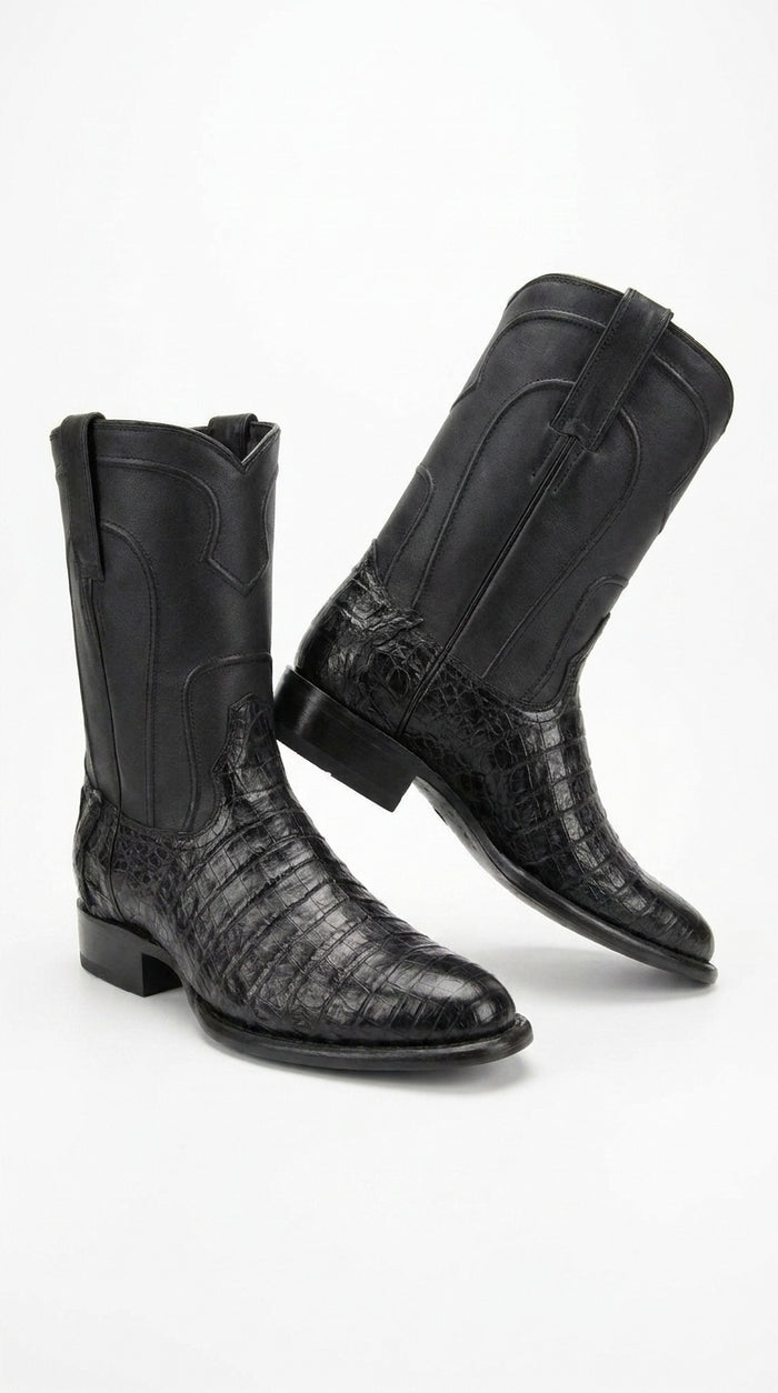 Men’s Black Caiman Belly Roper Boots, Exotic Western Cowboy Dress Boots