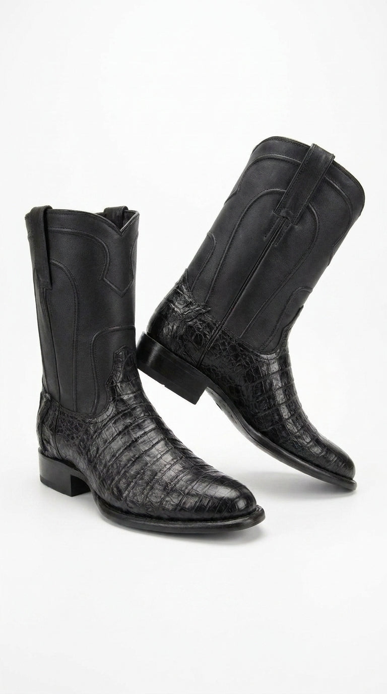 Men’s Black Caiman Belly Roper Boots, Exotic Western Cowboy Dress Boots