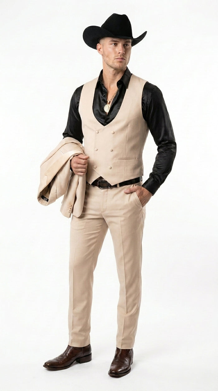 Mens Light Beige Western 3-Piece Suit – Cowboy Tuxedo with Shawl Lapel
