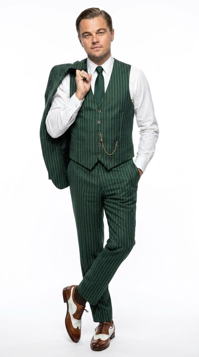 Men’s Hunter Green Pinstripe 1920s Gangster 3 Piece Suit, Great Gatsby Formal Outfit for Weddings, Prom, Parties, and Theme Events
