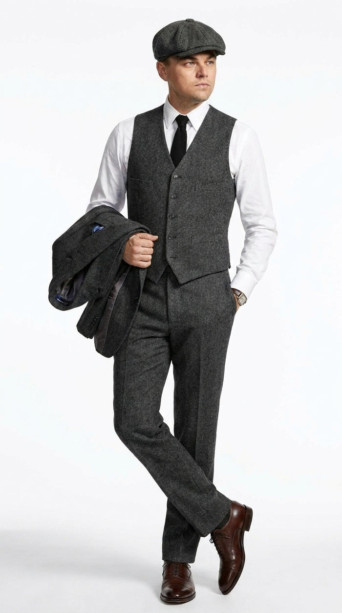 Men’s Charcoal 1920s Gangster 3 Piece Suit, Great Gatsby Formal Outfit for Weddings, Prom, Parties, and Theme Events