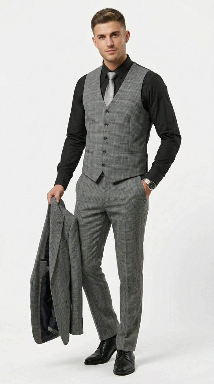 Stacy Adams Men’s 3 Piece Glen Check Hybrid Fit Suit, Formal Wedding Business Suit in Navy, Gray and Brown