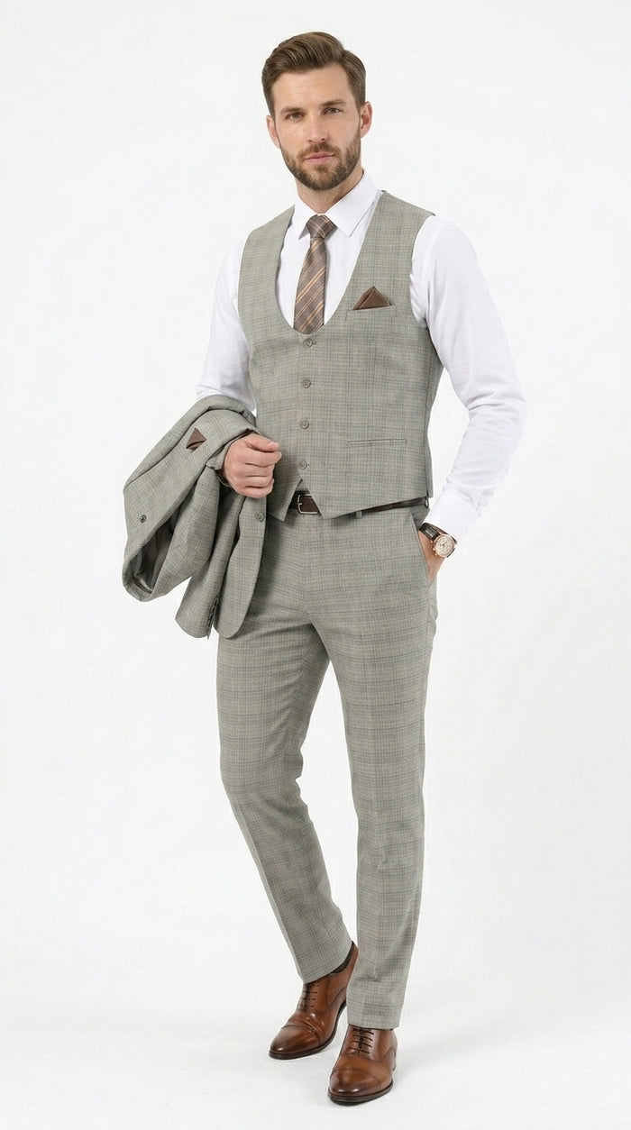 Men’s Khaki Glen Plaid Stacy Adams 3 Piece Suit, Two Button Peak Lapel Formal Wedding Suit Set
