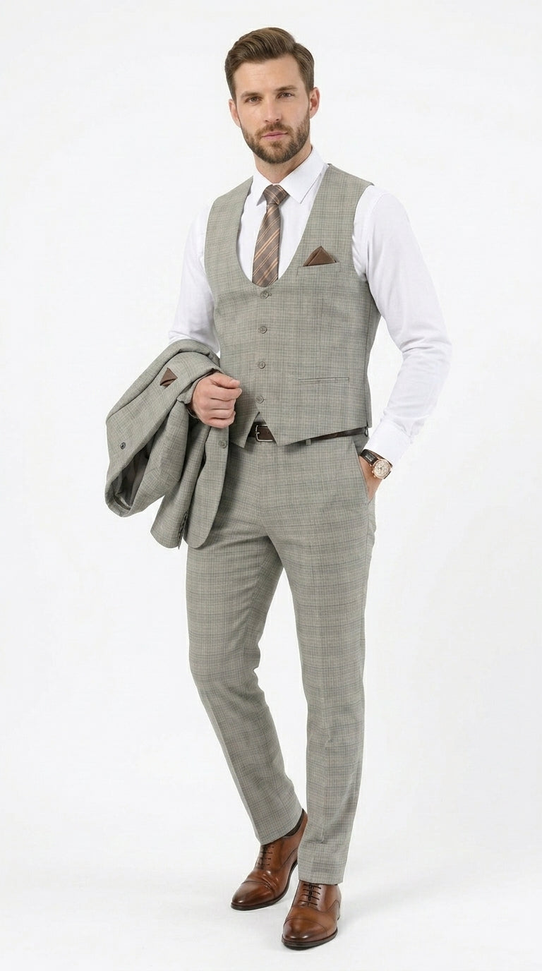 Men’s Khaki Glen Plaid Stacy Adams 3 Piece Suit, Two Button Peak Lapel Formal Wedding Suit Set
