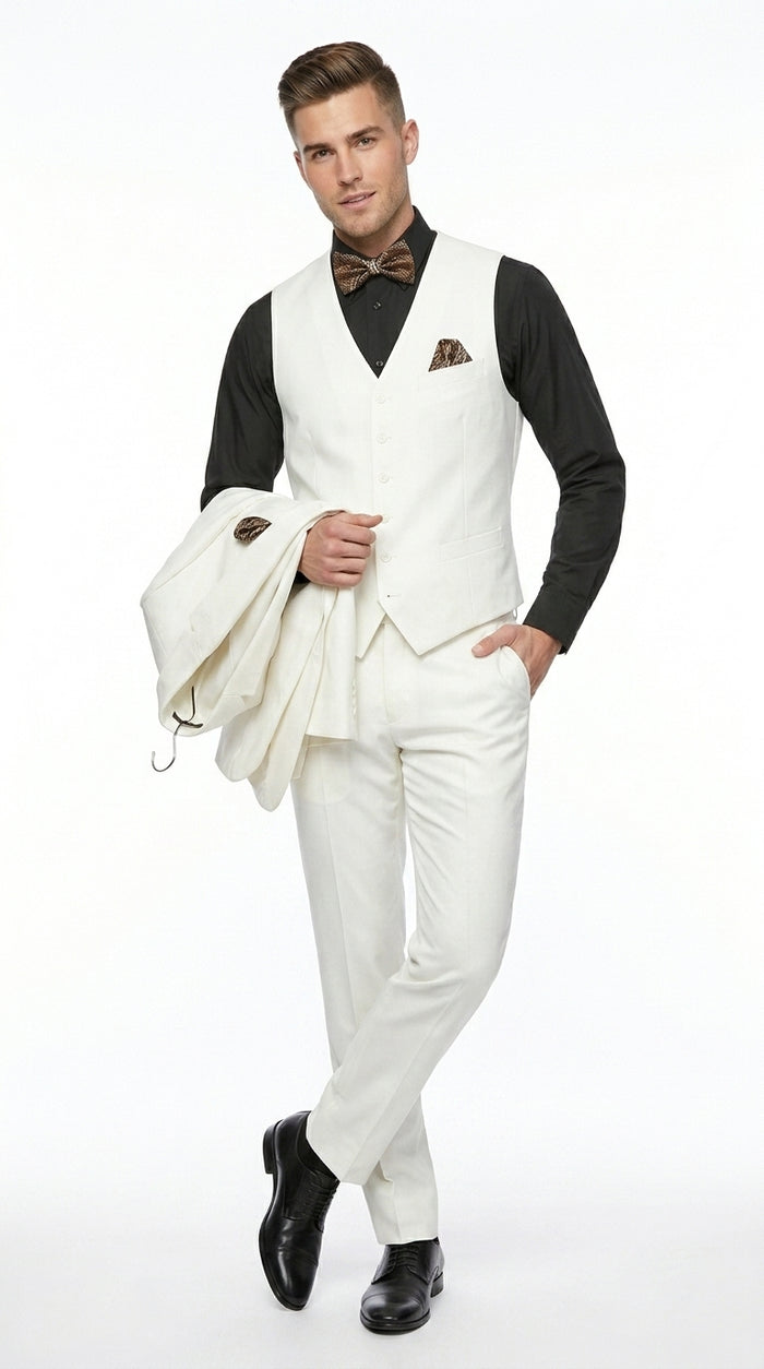 Men’s Off White 100% Wool Vested Suit, Solid Formal Wedding Prom 3 Piece Suit Set