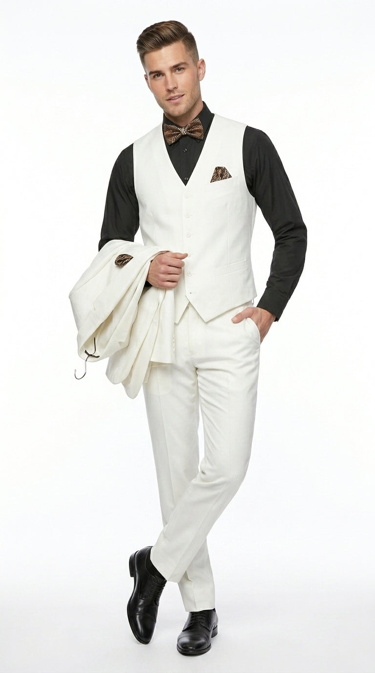 Men’s Off White 100% Wool Vested Suit, Solid Formal Wedding Prom 3 Piece Suit Set