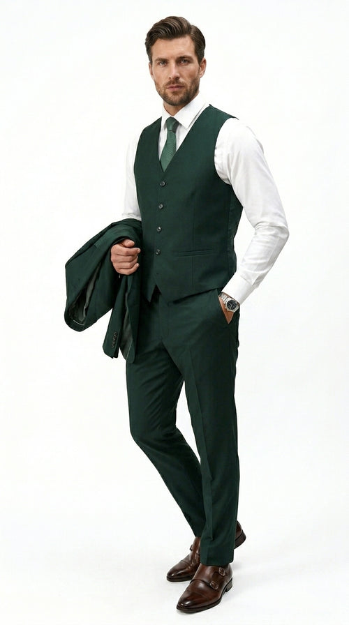 Men’s Hunter Green Vested Suit, Statement Formal Wedding Prom 3 Piece Suit Set