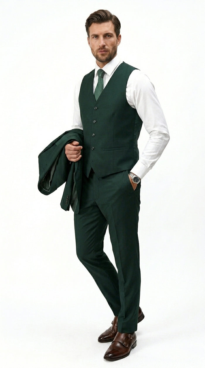 Men’s Hunter Green Vested Suit, Statement Formal Wedding Prom 3 Piece Suit Set