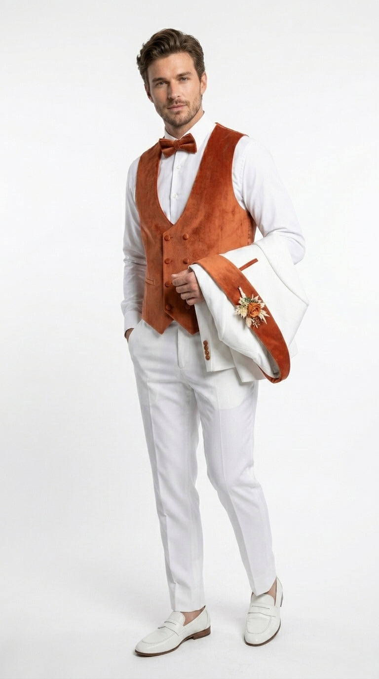 Men’s Cream Wedding Suit with Orange Contrast Shawl Lapel, Vested Groom Formal Suit Set