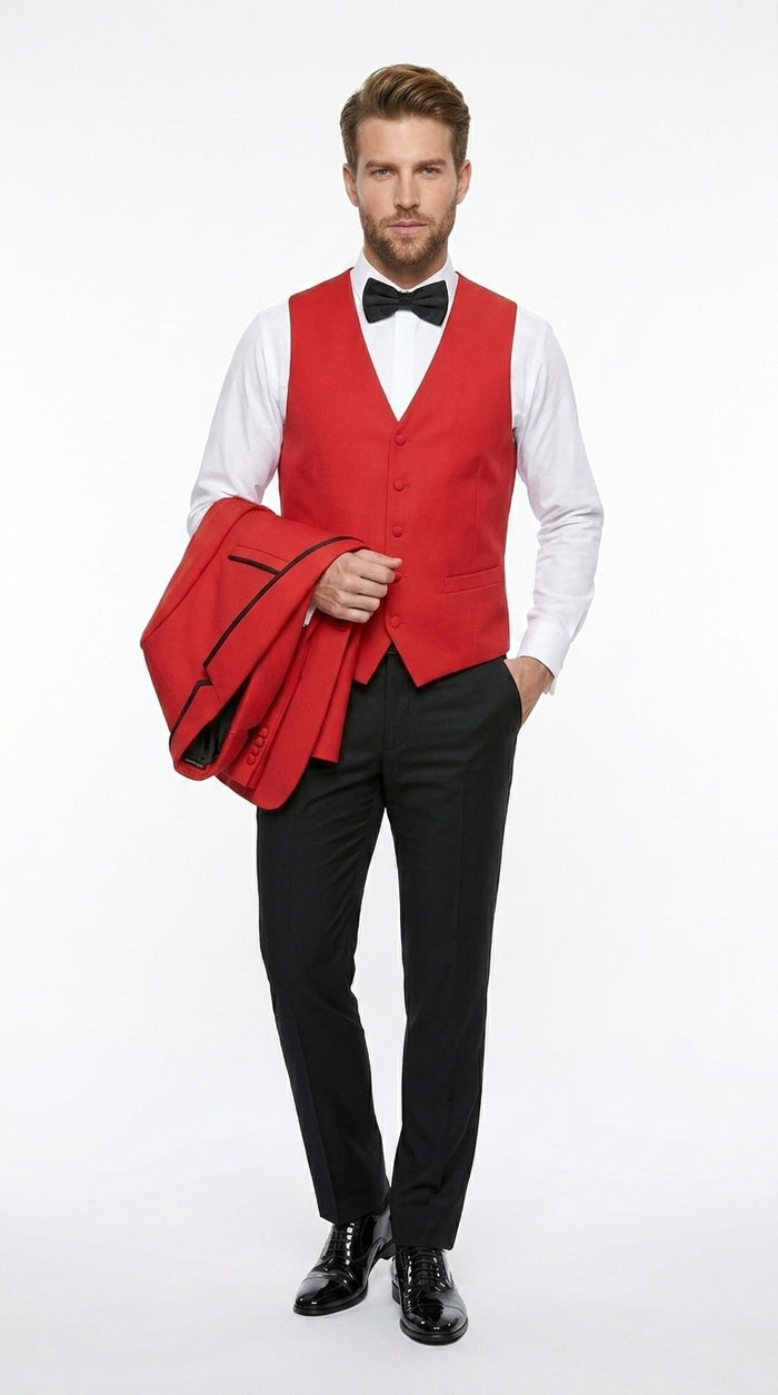 Statement Men’s Red 100% Wool Vested Tuxedo with Black Trim Fine Lapel, Wedding Prom Formal Suit Set