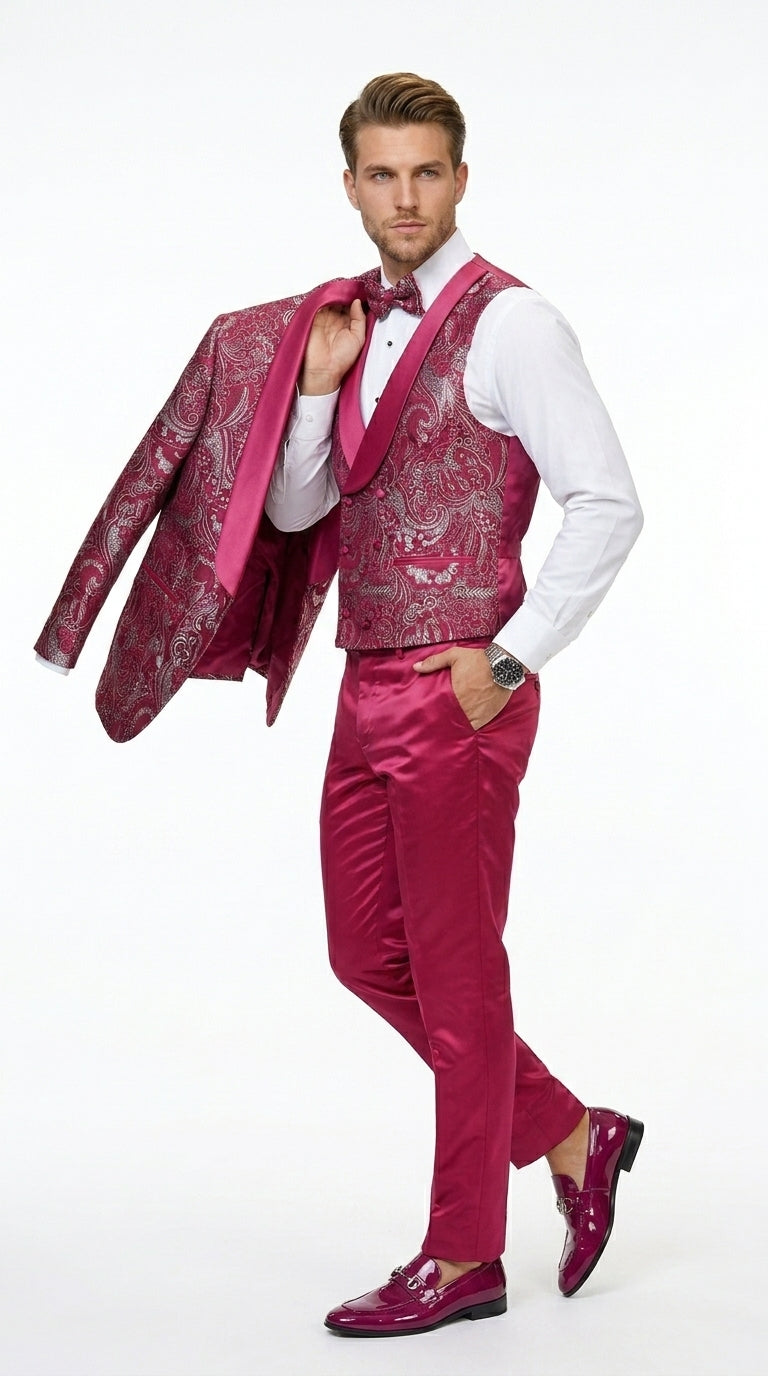 Statement Men’s Red Patterned Vested Tuxedo with Bowtie, Paisley Formal Wedding Prom Suit Set