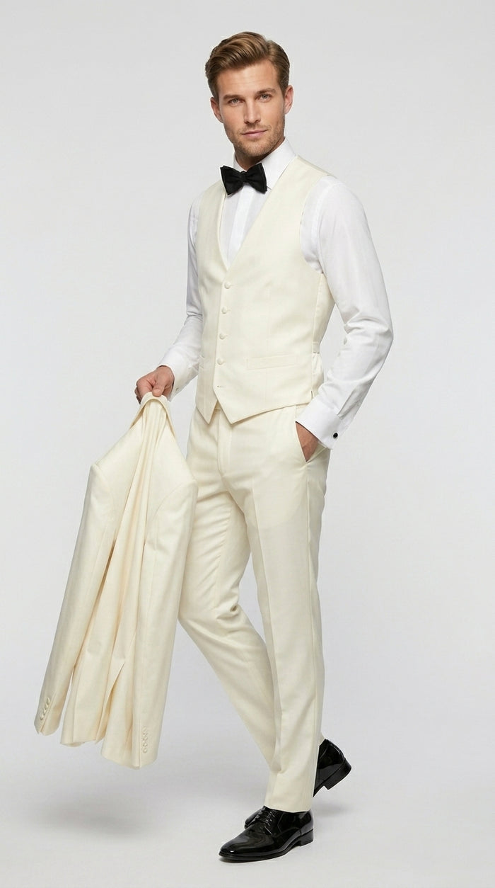 Statement Men’s Off White 100% Wool Vested Tuxedo with White Lapel, Wedding Prom Formal Suit Set