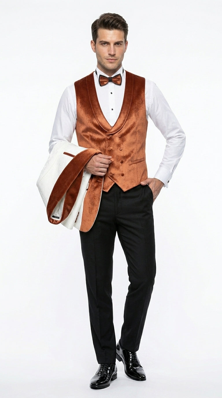 Men’s White Paisley Tuxedo with Burnt Orange Velvet Shawl Lapel, Formal Wedding Prom Dinner Suit - Orange and White