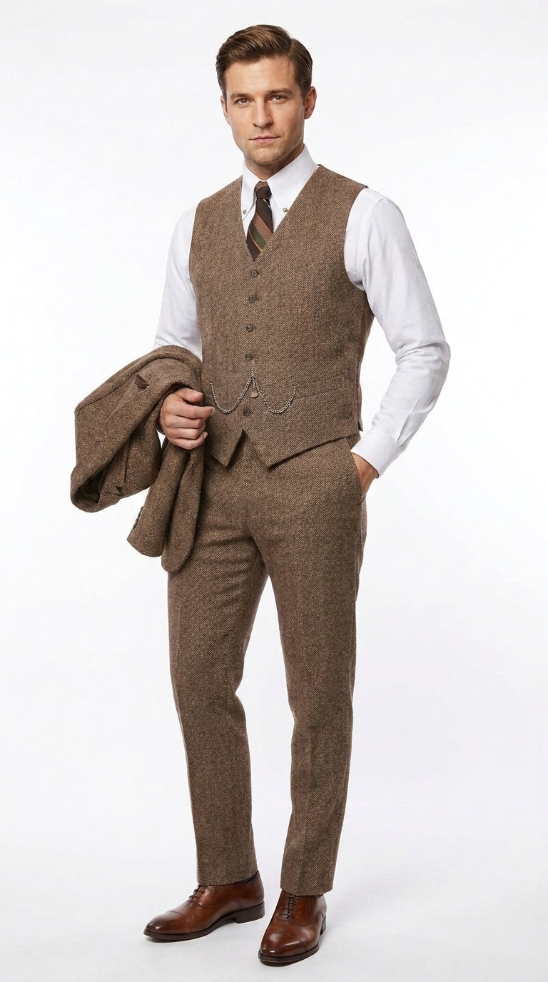 Men’s Light Brown Great Gatsby Tweed Herringbone Vested Suit, Tobey Maguire Inspired 1920s Formal Outfit