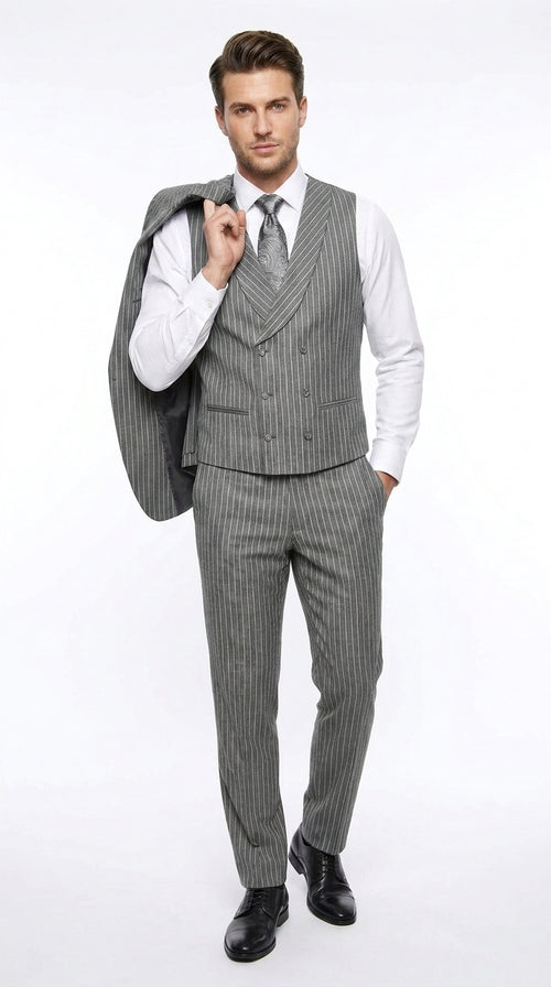 Men’s Grey Pinstripe Gangster Suit – 3 Piece 2 Button Suit with Double Breasted Vest, Vintage Formal Outfit