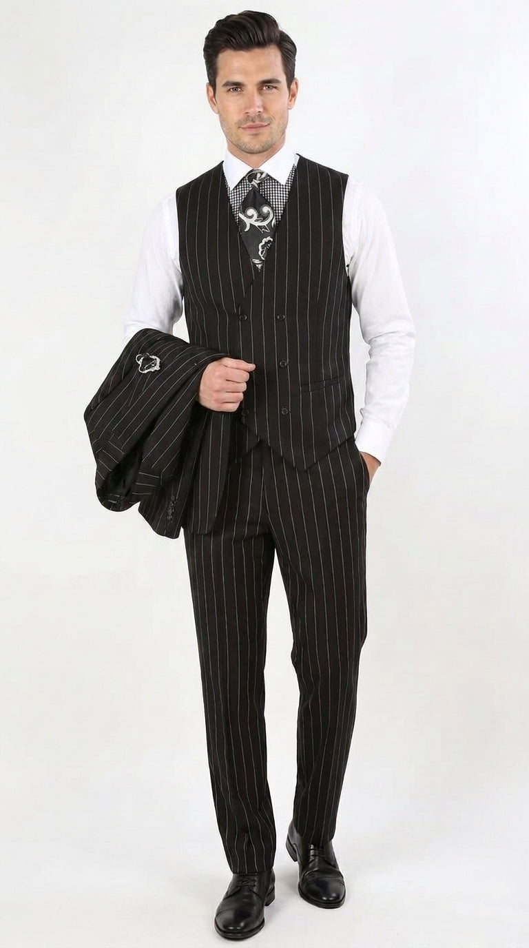 Royal Diamond Men’s Black Pinstripe 3-Piece Suit – Classic Wedding, Business and Formal Suit with Vest - 38 Short Jacket+32 Waist Adjustable 28to34)(Height: 5 4 to5 7 )(Neck  15-16.5)S-M)