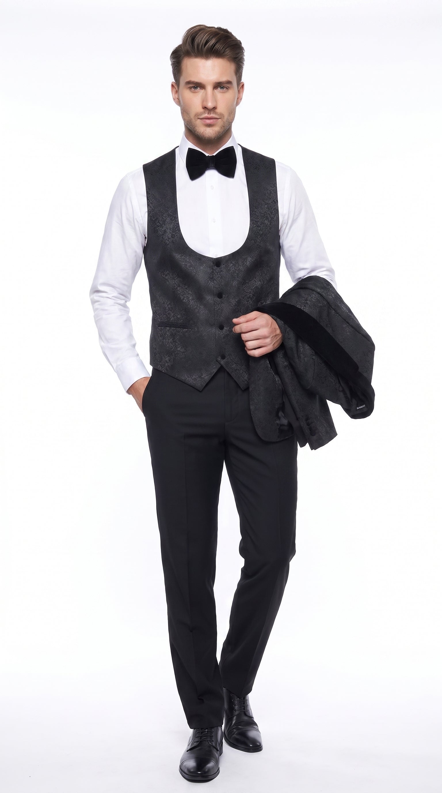Rossi Man RM1446 Men’s Black 3 Piece Smoking Style Tuxedo Suit, Formal Wedding Prom Dinner Suit