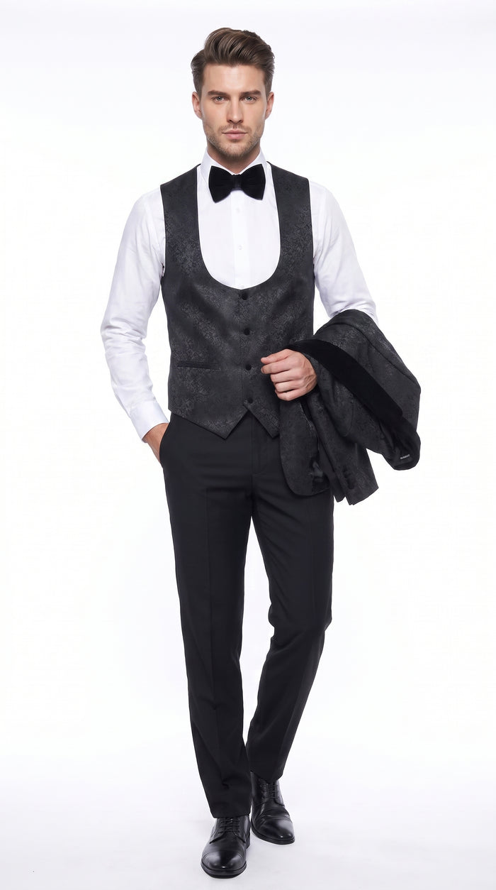 Rossi Man RM1446 Men’s Black 3 Piece Smoking Style Tuxedo Suit, Formal Wedding Prom Dinner Suit