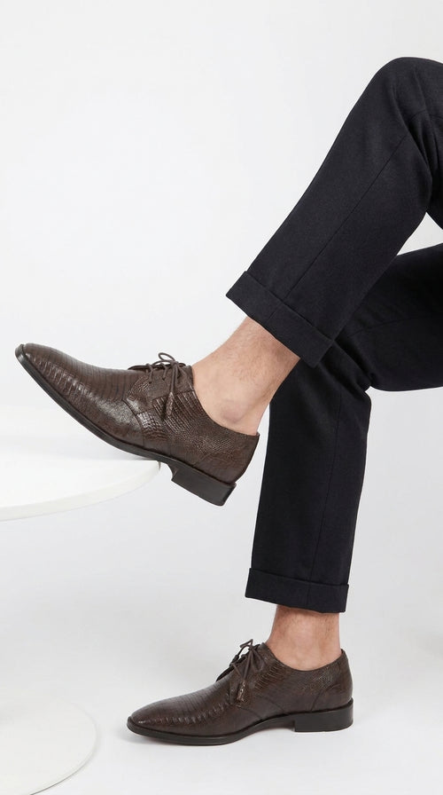 Men’s Original Exotic Teju Lizard Skin Shoes ZV080707, Brown Lace-Up Formal Dress Shoes