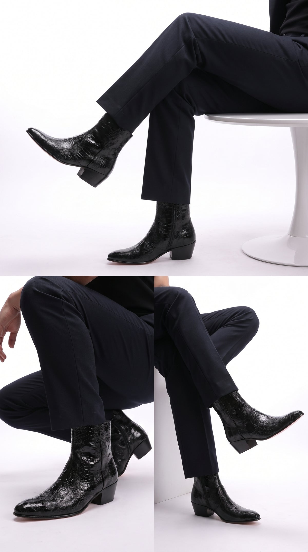 Los Altos Men’s Black Ostrich Ankle Dress Boots, Genuine Exotic Higher Heel Dress Boots