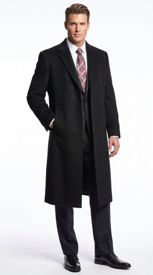 Men’s Black Wool and Cashmere Full Length Overcoat, Luxury Formal Dress Coat