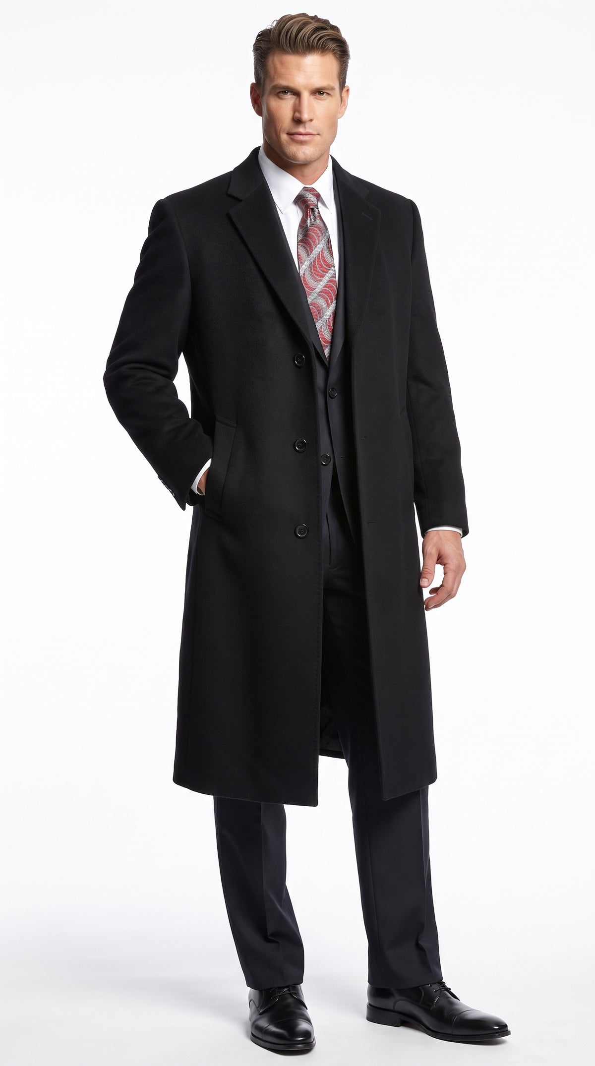 Men’s Black Wool and Cashmere Full Length Overcoat, Luxury Formal Dress Coat