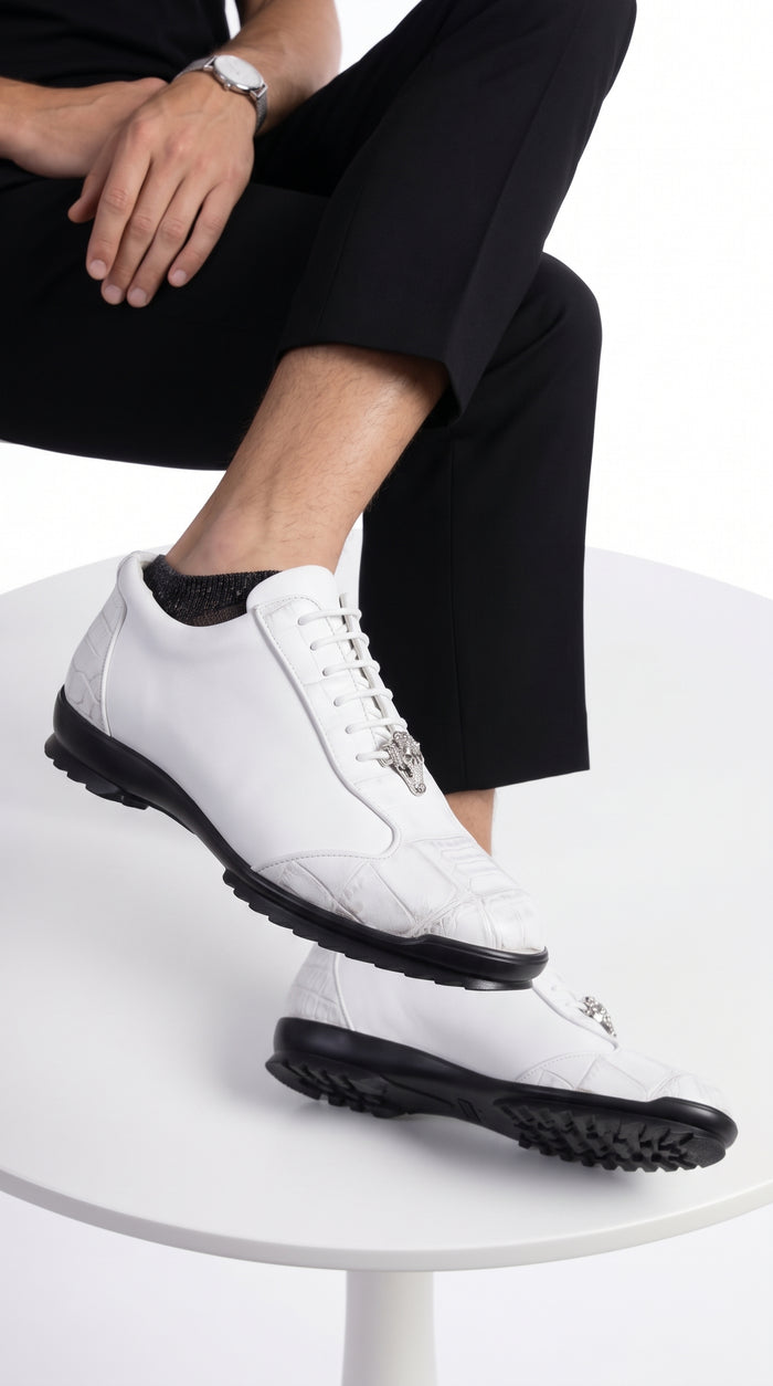 Men’s White Ostrich Leg Leather Sneaker LAB-ZC091928, Exotic Lace-Up Casual Dress Shoes