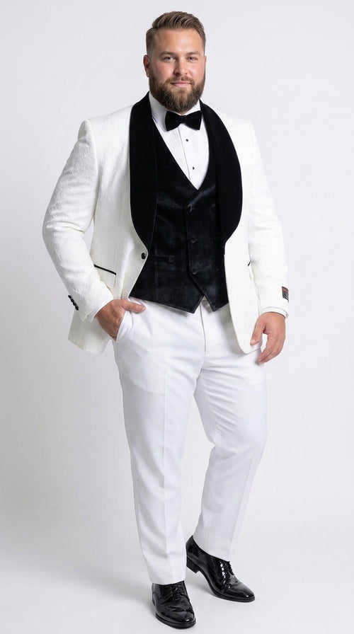 Gianni Men’s White 3 Piece Tuxedo with Black Velvet Lapel, Tailored Fit Formal Wedding Prom Suit