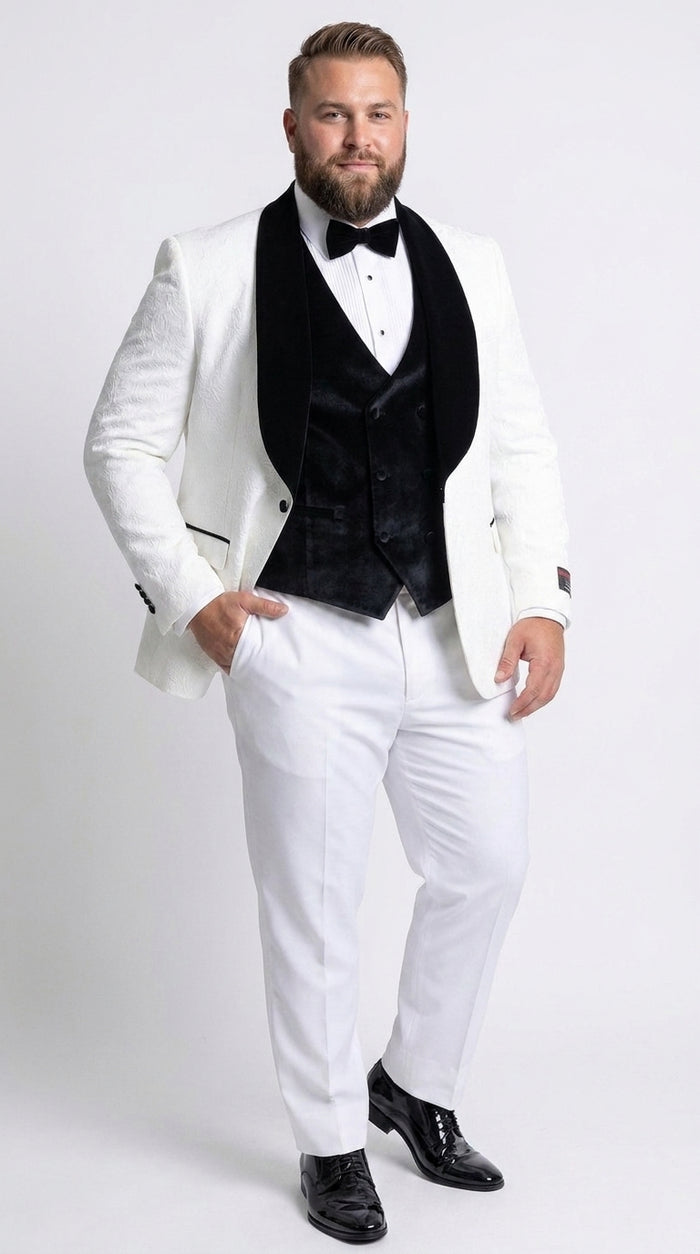 Gianni Men’s White 3 Piece Tuxedo with Black Velvet Lapel, Tailored Fit Formal Wedding Prom Suit