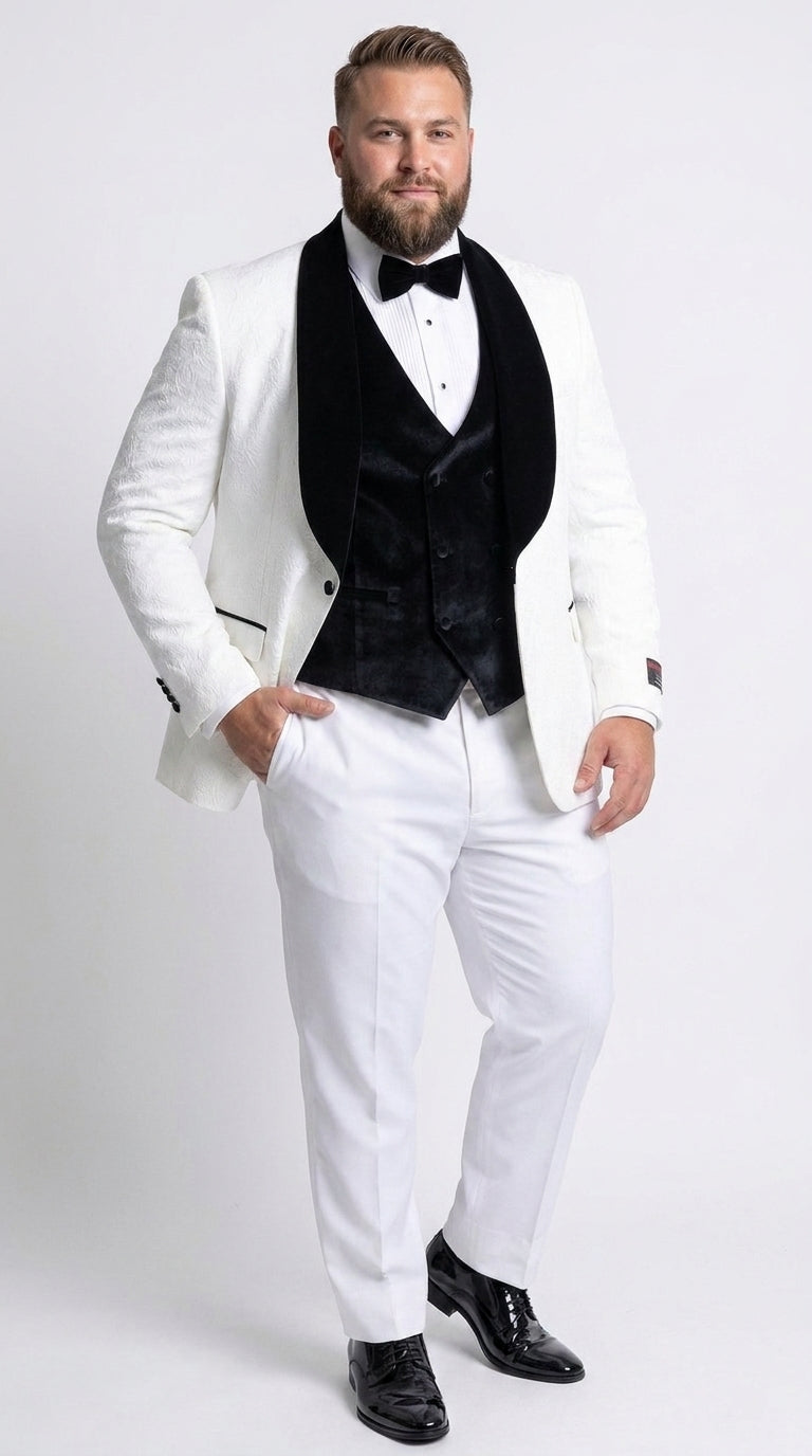 Gianni Men’s White 3 Piece Tuxedo with Black Velvet Lapel, Tailored Fit Formal Wedding Prom Suit