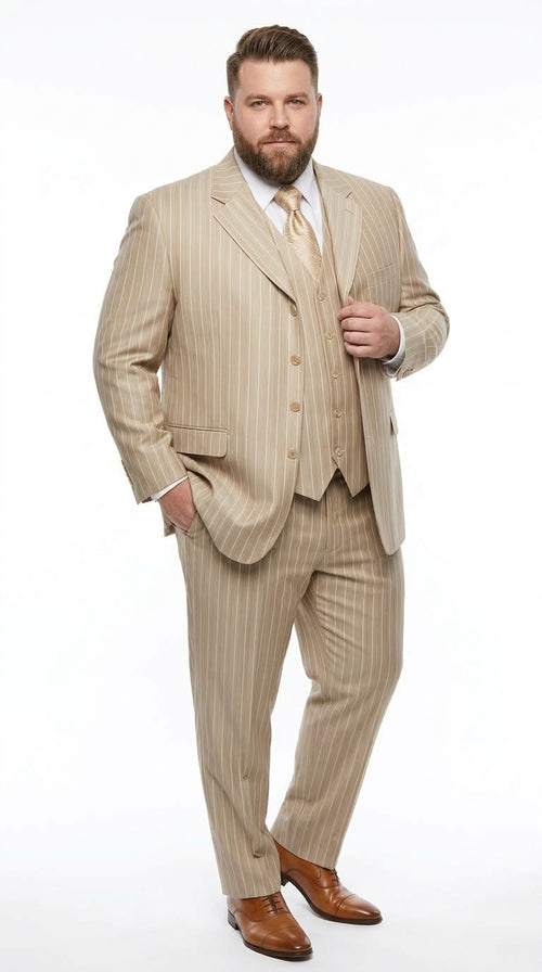 Men’s Champagne Gold Zoot Suit, 1920s Harlem Gangster Tan Stripe Fortino 2911V Vested Suit
