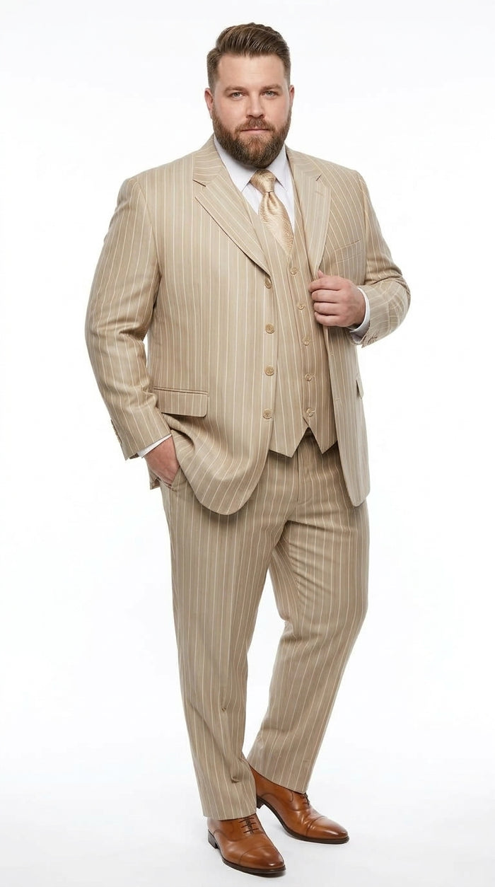 Men’s Champagne Gold Zoot Suit, 1920s Harlem Gangster Tan Stripe Fortino 2911V Vested Suit