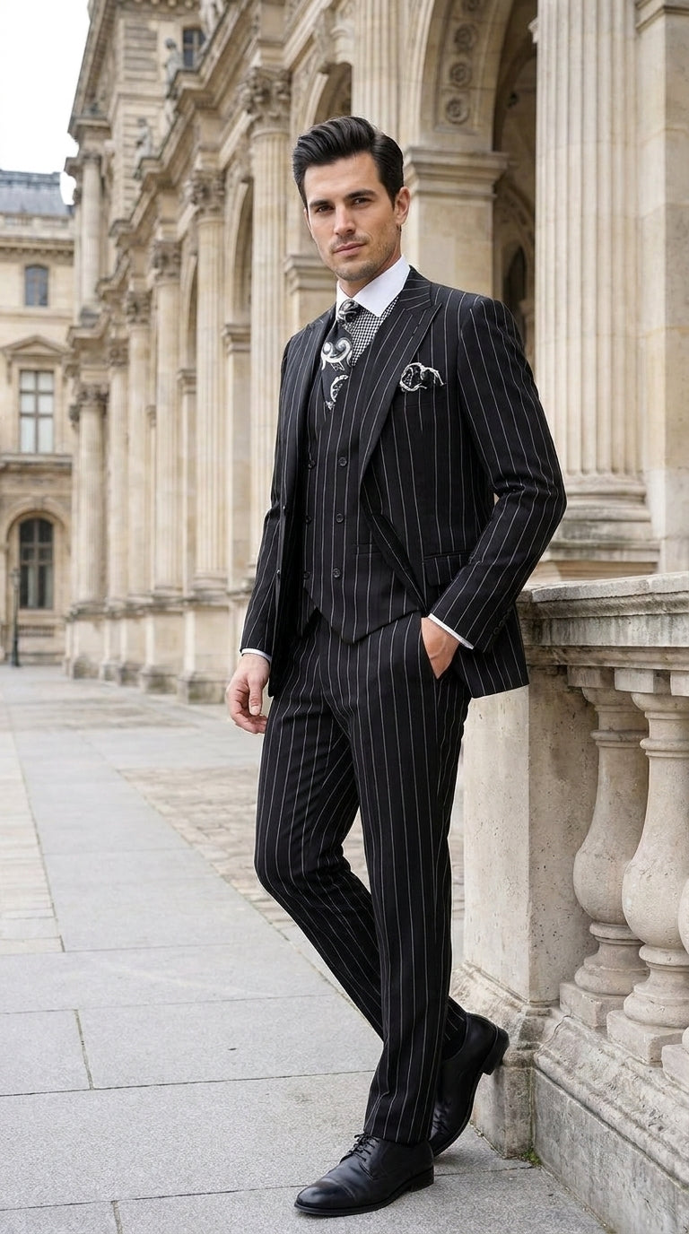 Royal Diamond Men’s Black Pinstripe 3-Piece Suit – Classic Wedding, Business and Formal Suit with Vest - 38 Short Jacket+32 Waist Adjustable 28to34)(Height: 5 4 to5 7 )(Neck  15-16.5)S-M)