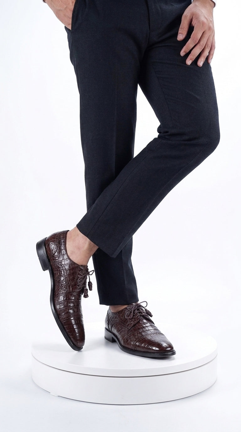 Men’s Original Exotic Caiman Belly Skin Shoes ZV098207, Brown Lace-Up Formal Dress Shoes