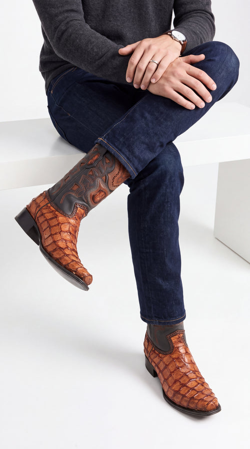 Los Altos Men’s Cognac Pirarucu Exotic Cowboy Boots – European Square Toe Western Boots