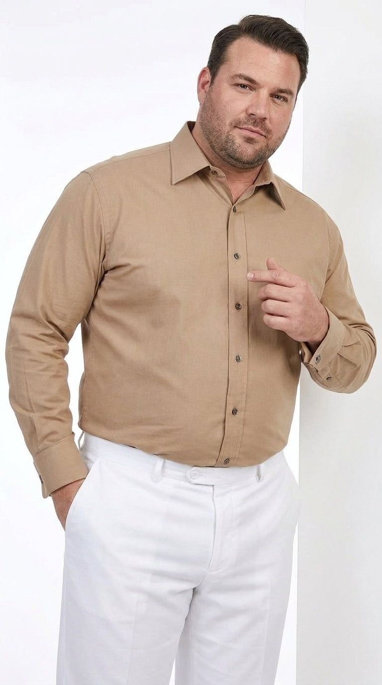Men’s Taupe Cotton Blend Dress Shirt, Convertible Cuff Formal Button Down Shirt