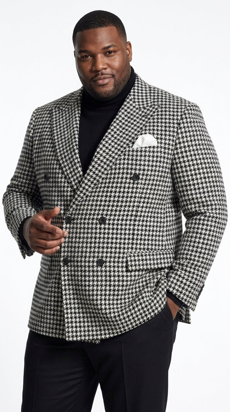 Men’s Black and White Houndstooth Blazer, 100% Wool Modern Fit Sport Coat