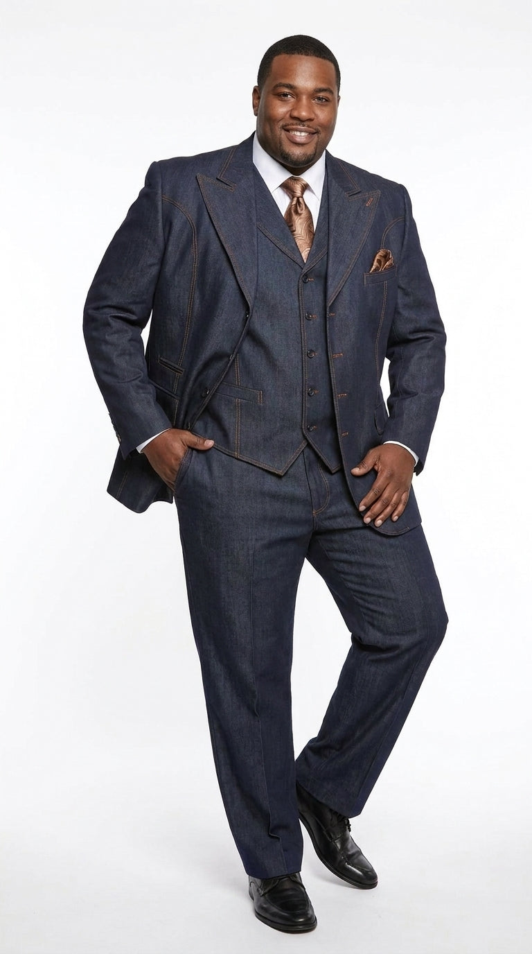 Men’s Navy Blue Denim 3 Piece Suit, Vested 4 Button Wide Peak Lapel Dress Suit