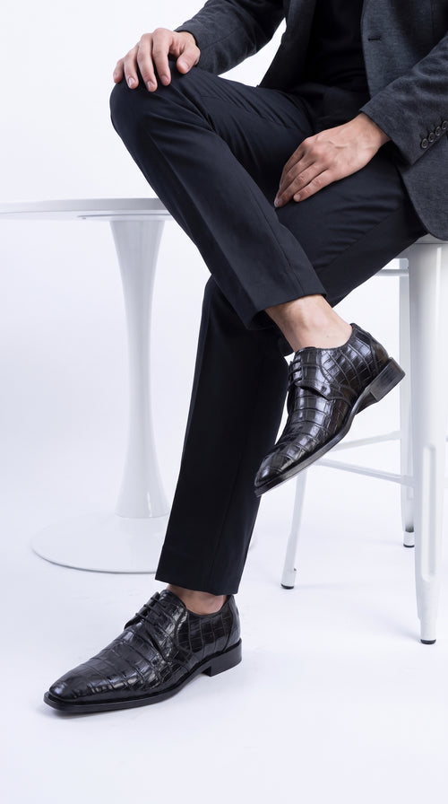 Men’s Original Exotic Caiman Belly Skin Shoes ZV088205, Black Lace-Up Formal Dress Shoes