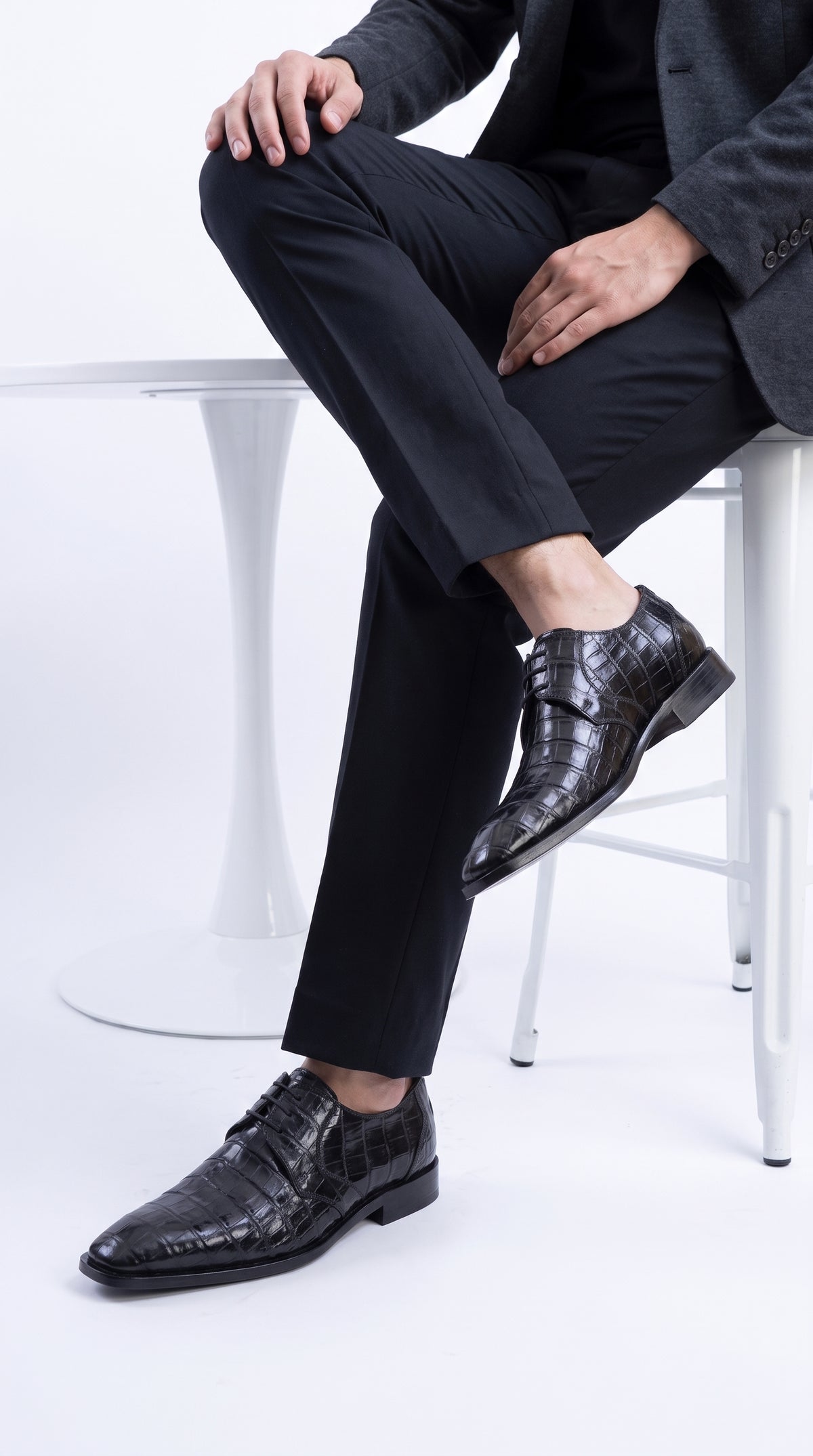 Men’s Original Exotic Caiman Belly Skin Shoes ZV088205, Black Lace-Up Formal Dress Shoes