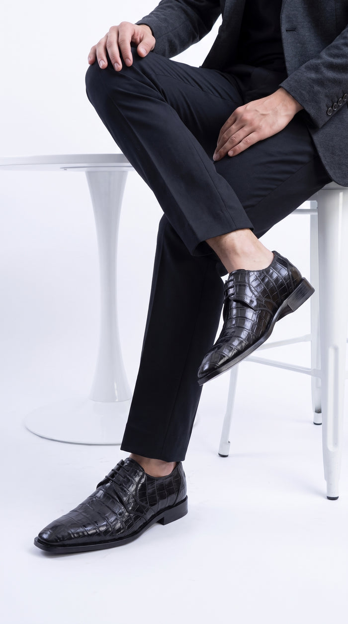 Men’s Original Exotic Caiman Belly Skin Shoes ZV088205, Black Lace-Up Formal Dress Shoes