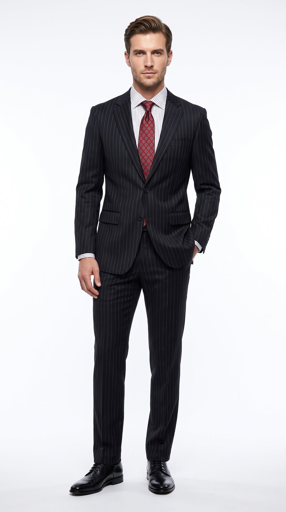 Men’s Black Pinstripe Suit, Patrick Bateman Inspired American Psycho Homecoming Formal Suit