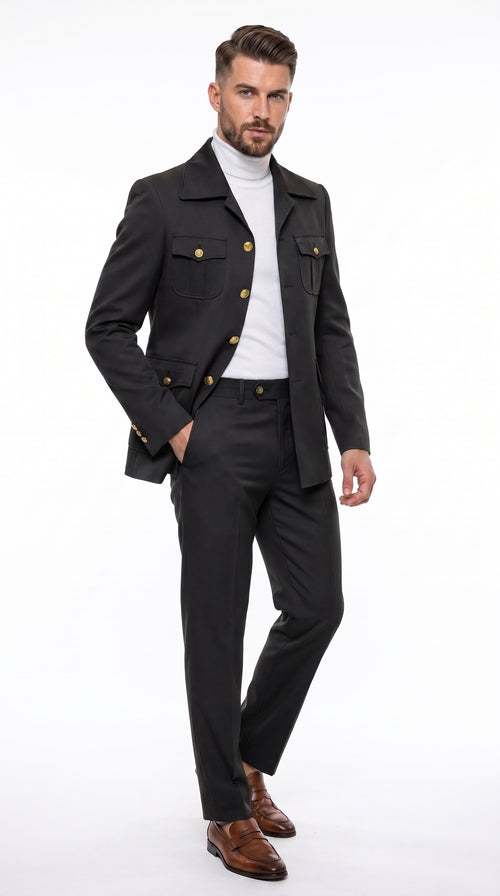 Men’s Olive Green Safari Suit Set, Utility Jacket and Adjustable Waist Pants Casual Outfit