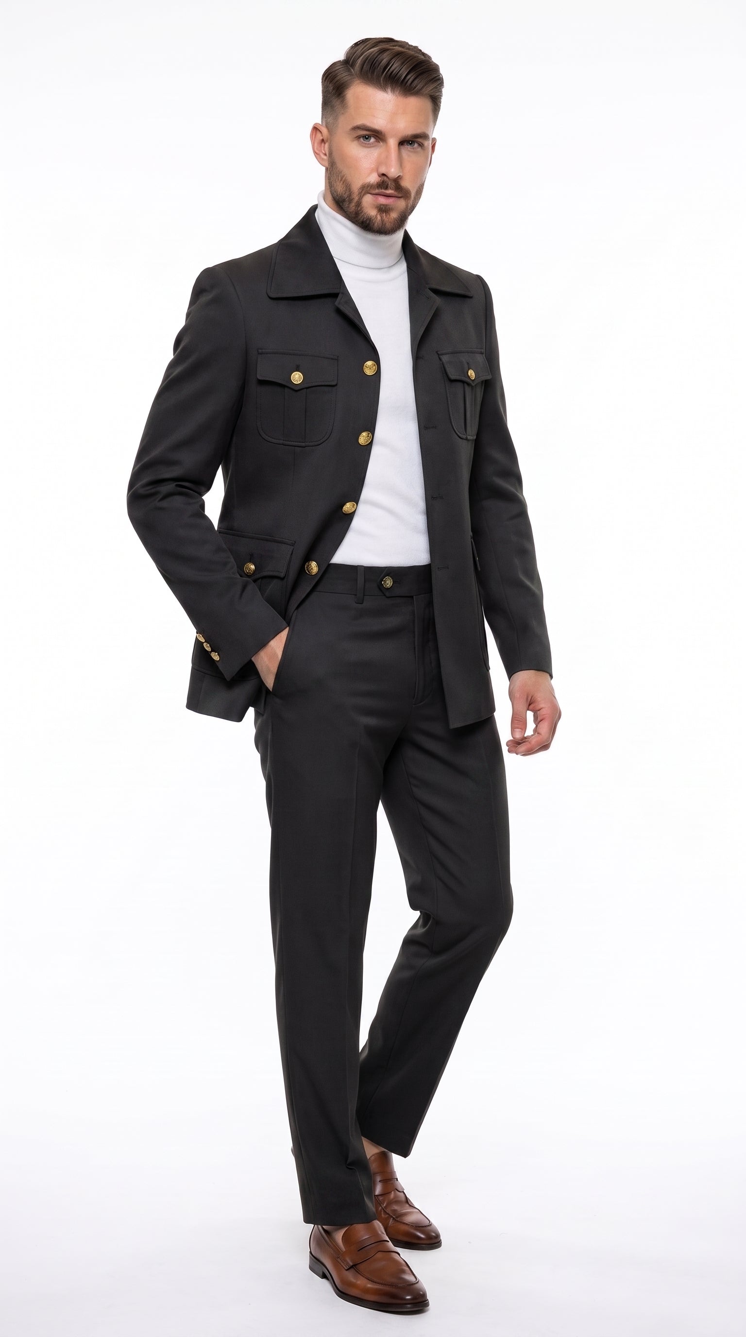 Men’s Olive Green Safari Suit Set, Utility Jacket and Adjustable Waist Pants Casual Outfit