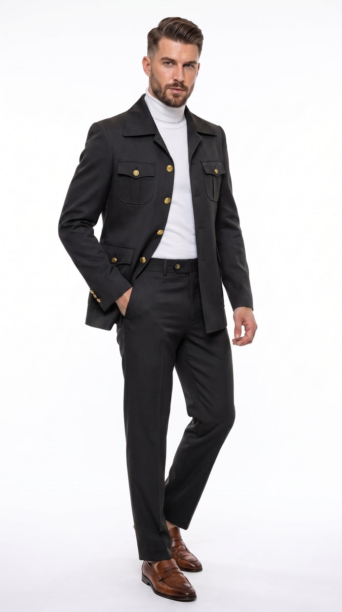 Men’s Olive Green Safari Suit Set, Utility Jacket and Adjustable Waist Pants Casual Outfit