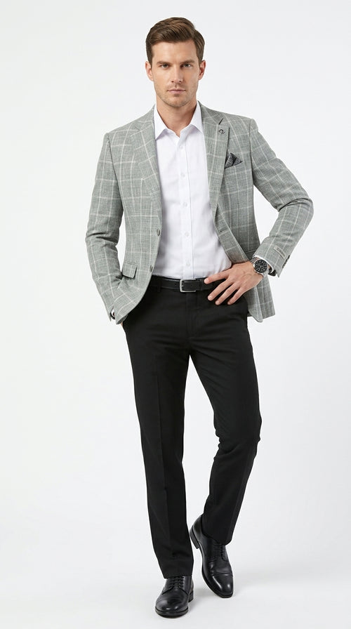 Stacy Adams Men’s Light Gray and Blue Textured Windowpane Sport Coat, Hybrid Fit Business Casual Blazer