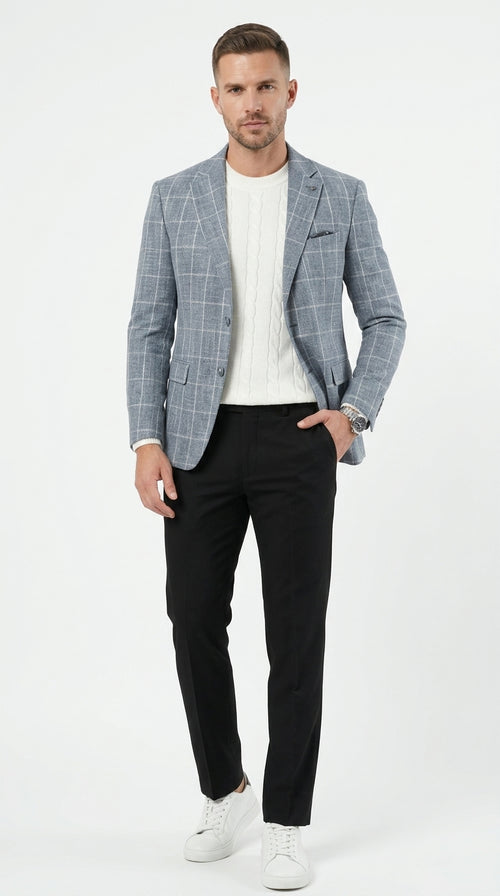 Stacy Adams Men’s Light Gray and Blue Textured Windowpane Sport Coat, Hybrid Fit Business Casual Blazer