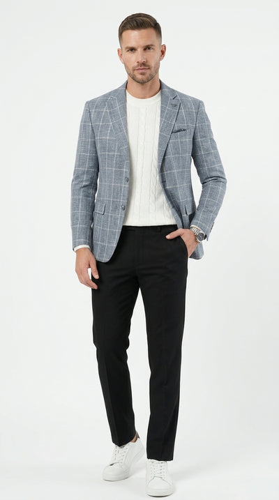 Stacy Adams Men’s Light Gray and Blue Textured Windowpane Sport Coat, Hybrid Fit Business Casual Blazer