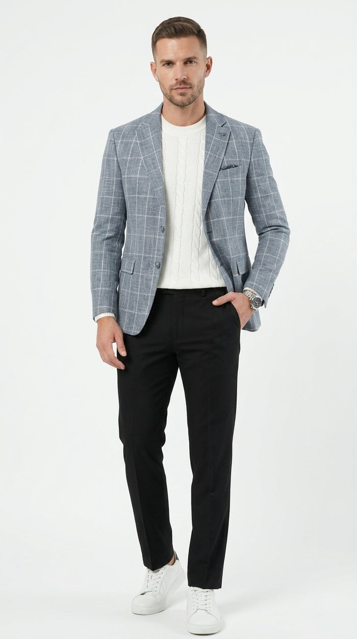 Stacy Adams Men’s Light Gray and Blue Textured Windowpane Sport Coat, Hybrid Fit Business Casual Blazer